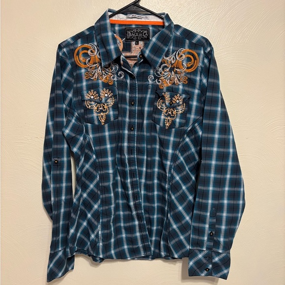 Grace in LA Tops - Grace in LA Embroidered Western Plaid Shirt Teal Orange Snap Button Large